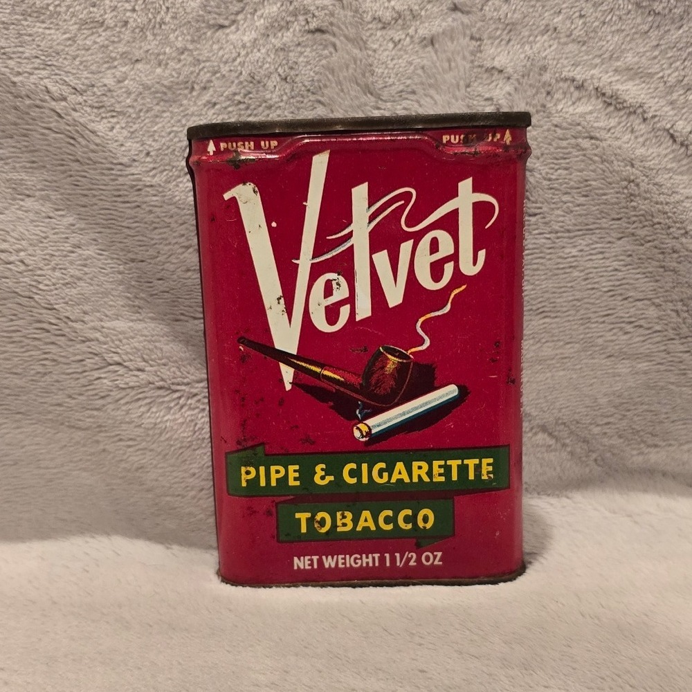 Vintage Velvet Pipe Cigarette Tobacco Tin Red Advertising Collectible